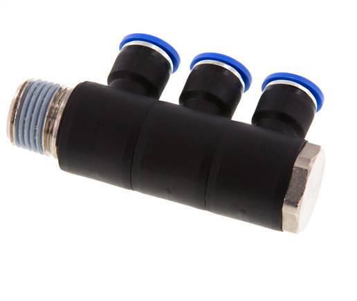 10mm x R1/2'' 3-way Manifold Push-in Fitting with Male Threads Brass/PA 66 NBR Rotatable