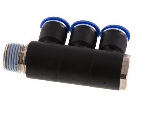 12mm x R1/2'' 3-way Manifold Push-in Fitting with Male Threads Brass/PA 66 NBR Rotatable