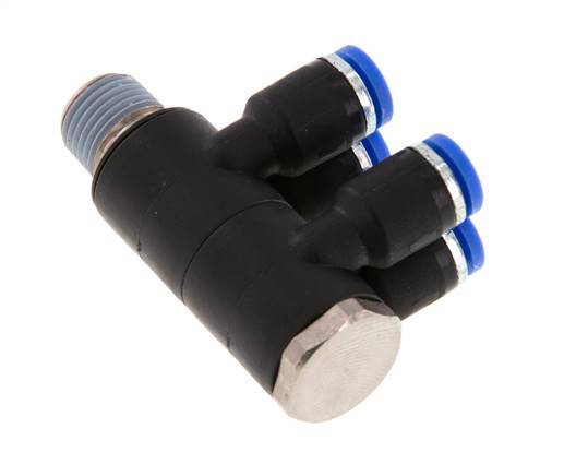 4mm x R1/8'' 4-way Manifold Push-in Fitting with Male Threads Brass/PA 66 NBR Rotatable