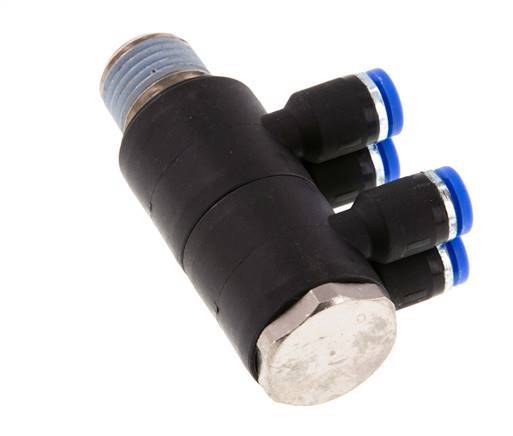 4mm x R1/4'' 4-way Manifold Push-in Fitting with Male Threads Brass/PA 66 NBR Rotatable