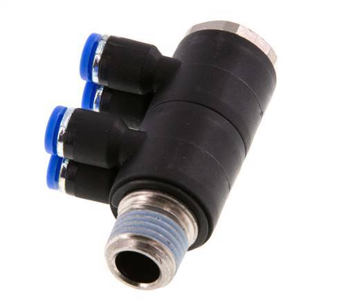 4mm x R1/4'' 4-way Manifold Push-in Fitting with Male Threads Brass/PA 66 NBR Rotatable