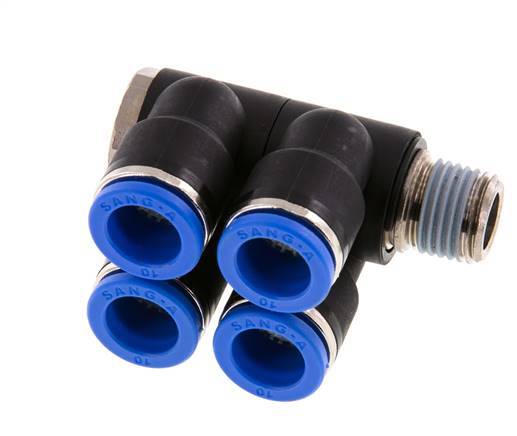 10mm x R1/4'' 4-way Manifold Push-in Fitting with Male Threads Brass/PA 66 NBR Rotatable
