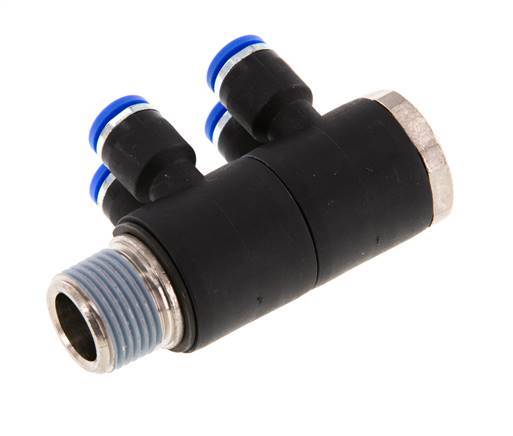 6mm x R3/8'' 4-way Manifold Push-in Fitting with Male Threads Brass/PA 66 NBR Rotatable