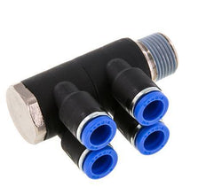 8mm x R3/8'' 4-way Manifold Push-in Fitting with Male Threads Brass/PA 66 NBR Rotatable