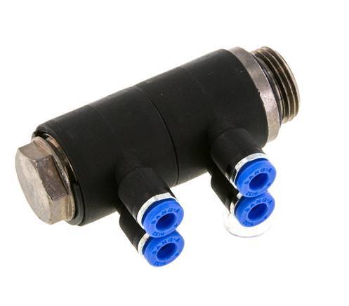 4mm x G3/8'' 4-way Manifold Push-in Fitting with Male Threads Brass/PA 66 NBR Rotatable