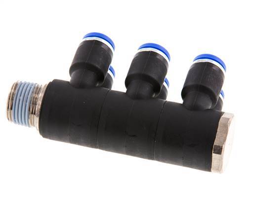 Racor rápido de 6 vías de 8 mm x R3/8'' con rosca macho Latón/PA 66 NBR Giratorio