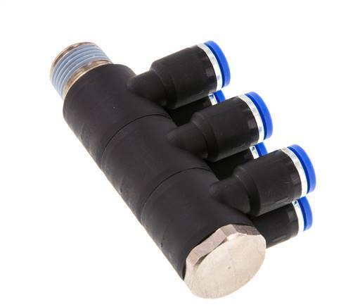 8mm x R3/8'' 6-way Manifold Push-in Fitting with Male Threads Brass/PA 66 NBR Rotatable