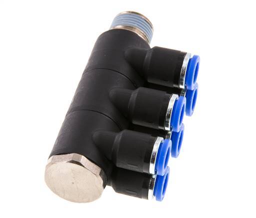 Racor rápido de 6 vías de 8 mm x R3/8'' con rosca macho Latón/PA 66 NBR Giratorio