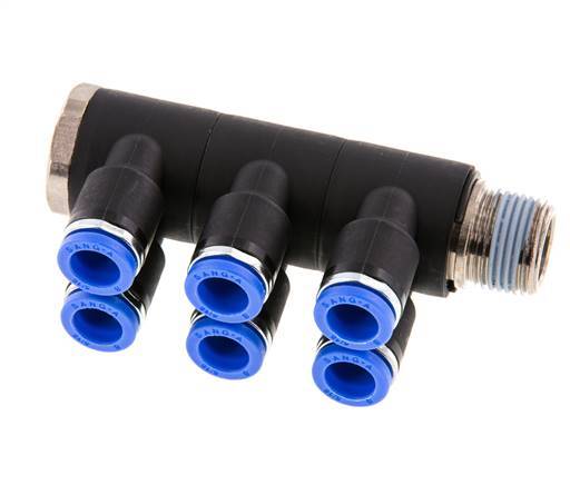 Racor rápido de 6 vías de 8 mm x R3/8'' con rosca macho Latón/PA 66 NBR Giratorio