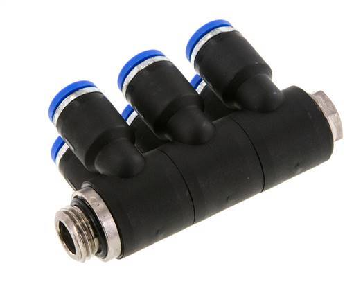 8mm x G1/4'' 6-way Manifold Push-in Fitting with Male Threads Brass/PA 66 NBR Rotatable