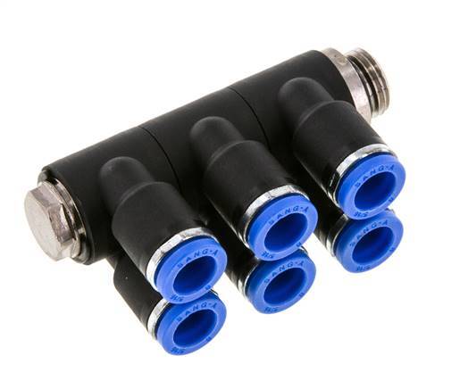 Racor rápido de 6 vías de 8 mm x G1/4'' con rosca macho Latón/PA 66 NBR Giratorio