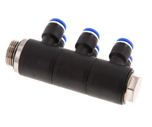6mm x G3/8'' 6-way Manifold Push-in Fitting with Male Threads Brass/PA 66 NBR Rotatable