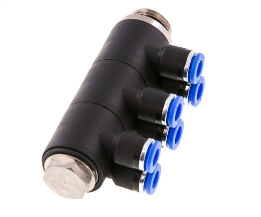 6mm x G3/8'' 6-way Manifold Push-in Fitting with Male Threads Brass/PA 66 NBR Rotatable