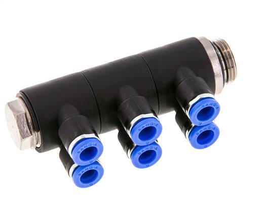 6mm x G3/8'' 6-way Manifold Push-in Fitting with Male Threads Brass/PA 66 NBR Rotatable