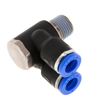 6mm x R1/8'' Double 90deg Elbow Push-in Fitting with Male Threads Brass/PA 66 NBR Rotatable [2 Pieces]