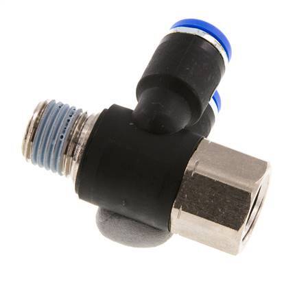 8mm x R1/4'' Double 90deg Elbow Push-in Fitting with Male-Female Threads Brass/PA 66 NBR Rotatable