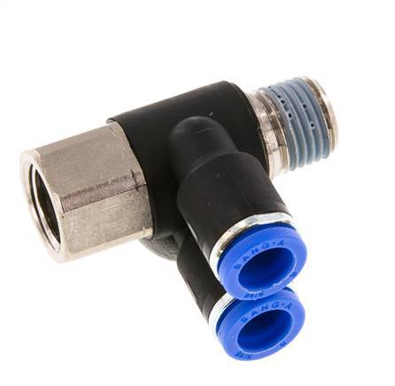 8mm x R1/4'' Double 90deg Elbow Push-in Fitting with Male-Female Threads Brass/PA 66 NBR Rotatable