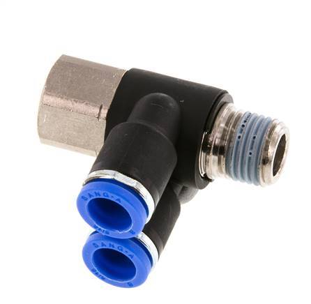 8mm x R1/4'' Double 90deg Elbow Push-in Fitting with Male-Female Threads Brass/PA 66 NBR Rotatable