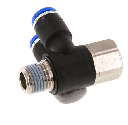 8mm x R1/4'' Double 90deg Elbow Push-in Fitting with Male-Female Threads Brass/PA 66 NBR Rotatable