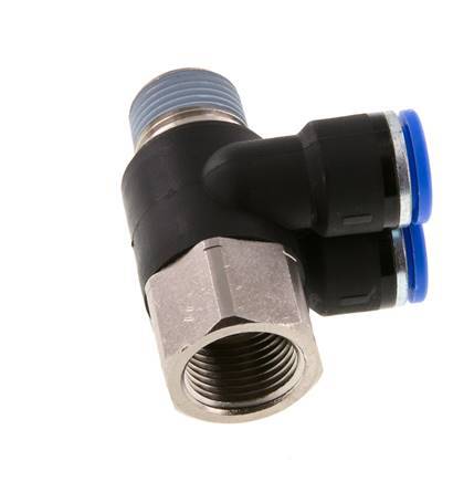 10mm x R3/8'' Double 90deg Elbow Push-in Fitting with Male-Female Threads Brass/PA 66 NBR Rotatable