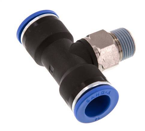 14mm x R3/8'' Inline Tee Push-in Fitting with Male Threads Brass/PA 66 NBR Rotatable