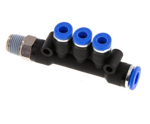 Racor rápido de 3 vías de 4mm x 6mm x R1/8'' con rosca macho Latón/PA 66 NBR Giratorio