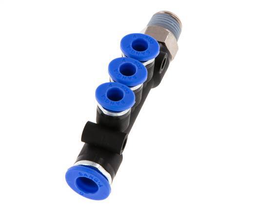 Racor rápido de 3 vías de 4mm x 6mm x R1/8'' con rosca macho Latón/PA 66 NBR Giratorio