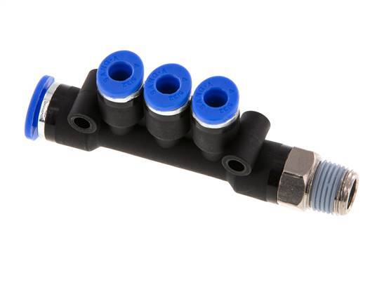 Racor rápido de 3 vías de 4mm x 6mm x R1/8'' con rosca macho Latón/PA 66 NBR Giratorio