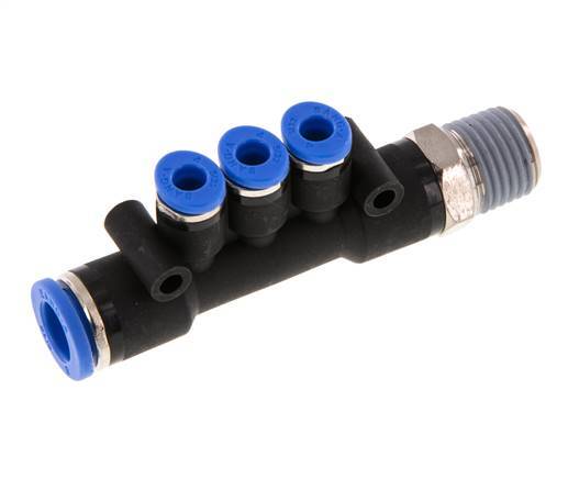 Racor rápido de 3 vías de 4mm x 8mm x R1/4'' con rosca macho Latón/PA 66 NBR Giratorio