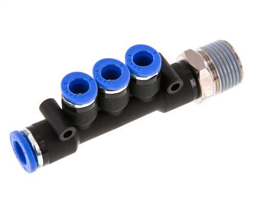 Racor rápido de 3 vías de 6mm x 8mm x R3/8'' con rosca macho Latón/PA 66 NBR Giratorio