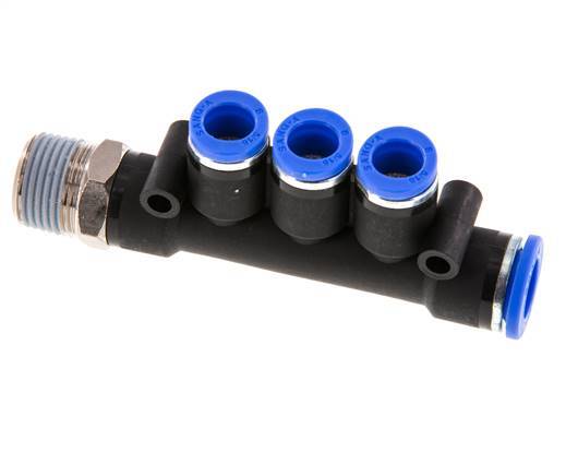 Racor rápido de 3 vías de 8 mm x 10 mm x R3/8'' con rosca macho Latón/PA 66 NBR Giratorio