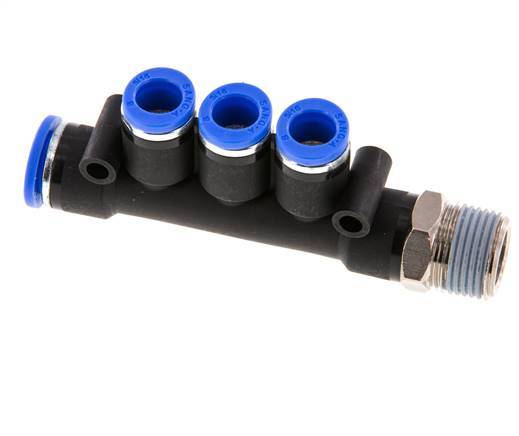 Racor rápido de 3 vías de 8 mm x 10 mm x R3/8'' con rosca macho Latón/PA 66 NBR Giratorio