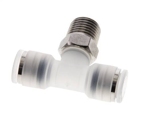 Racor en T de 8mm x R1/4'' con rosca macho PA/acero inoxidable EPDM giratorio FDA