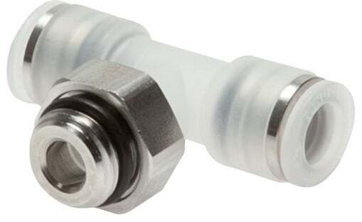 Racor en T de 4mm x G1/8'' con rosca macho PA/acero inoxidable EPDM giratorio FDA