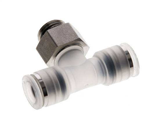 Racor en T de 8mm x G1/4'' con rosca macho PA/acero inoxidable EPDM giratorio FDA