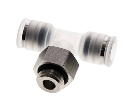 Racor en T de 8mm x G1/4'' con rosca macho PA/acero inoxidable EPDM giratorio FDA