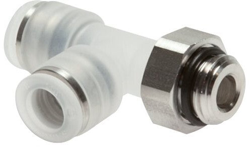 Racor en T en ángulo recto de 12 mm x R3/8'' con rosca macho PA/acero inoxidable EPDM giratorio FDA