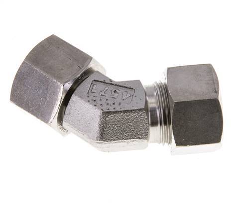 Accesorio de corte en codo de 45 grados de acero inoxidable 15L con rótula 315 bar Cono de sellado con junta tórica de FKM ajustable ISO 8434-1