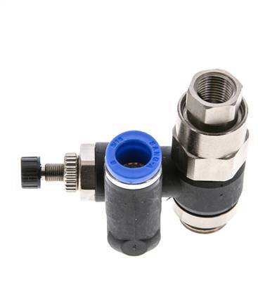 Silenciador de control de flujo Medidor de salida giratorio de 8 mm - G1/4''-G1/8'' Latón/PA 66 con válvula de retención accionada por piloto