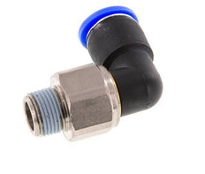 Codo de 12 mm y R3/8'' Junta giratoria con rosca macho Latón niquelado/PBT NBR Giratorio