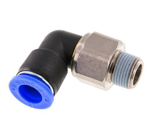 Codo de 12 mm y R3/8'' Junta giratoria con rosca macho Latón niquelado/PBT NBR Giratorio