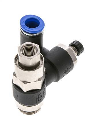 Silenciador de control de flujo Medidor de salida giratorio de 12 mm - G1/2''-G1/4'' Latón/PA 66 con válvula de retención accionada por piloto