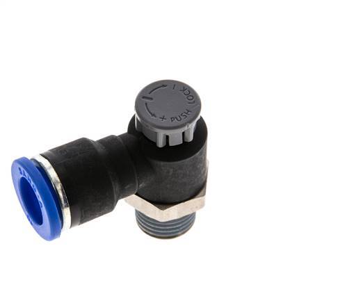 Válvula de control de flujo Codo de salida del medidor 10 mm - R1/4'' Latón/PA 66 Tuerca de seguridad