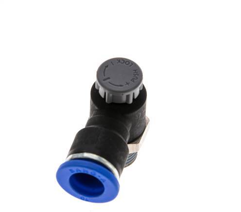 Válvula de control de flujo Codo de salida del medidor 10 mm - R1/4'' Latón/PA 66 Tuerca de seguridad