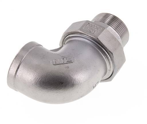 Conector de unión en ángulo de 90 grados 1 1/4'' macho R x hembra Rp Acero inoxidable Junta plana PTFE 16bar (224.8psi)