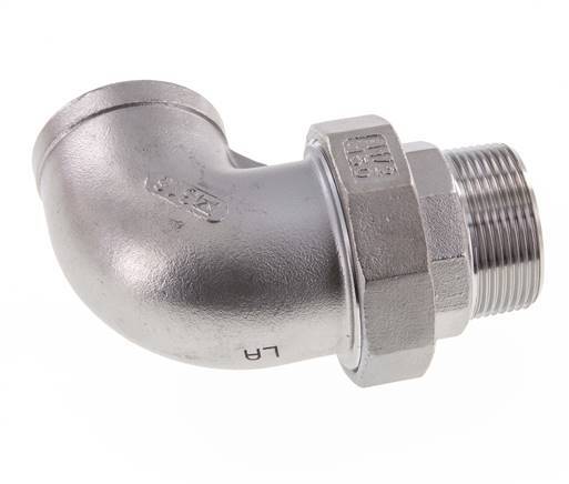 Conector de unión en ángulo de 90 grados 1 1/4'' macho R x hembra Rp Acero inoxidable Junta plana PTFE 16bar (224.8psi)