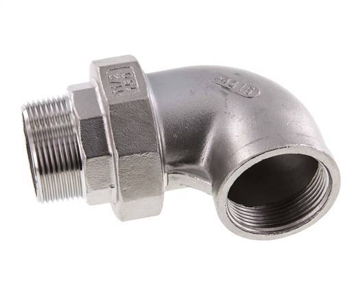 Conector de unión en ángulo de 90 grados 1 1/4'' macho R x hembra Rp Acero inoxidable Junta plana PTFE 16bar (224.8psi)
