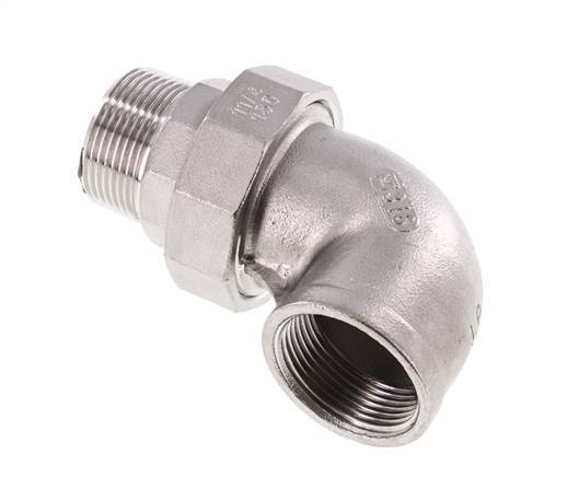 Racor de unión acodado de 90 grados 1 1/2'' macho R x hembra Rp Acero inoxidable Junta plana PTFE 16bar (224.8psi)