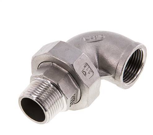 90deg Angled Union Connector 3/4'' Male R x Female Rp Stainless Steel Flat Seal PTFE 16bar (224.8psi)
