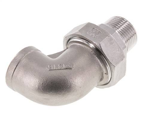 90deg Angled Union Connector 1'' Male R x Female Rp Stainless Steel Flat Seal PTFE 16bar (224.8psi)